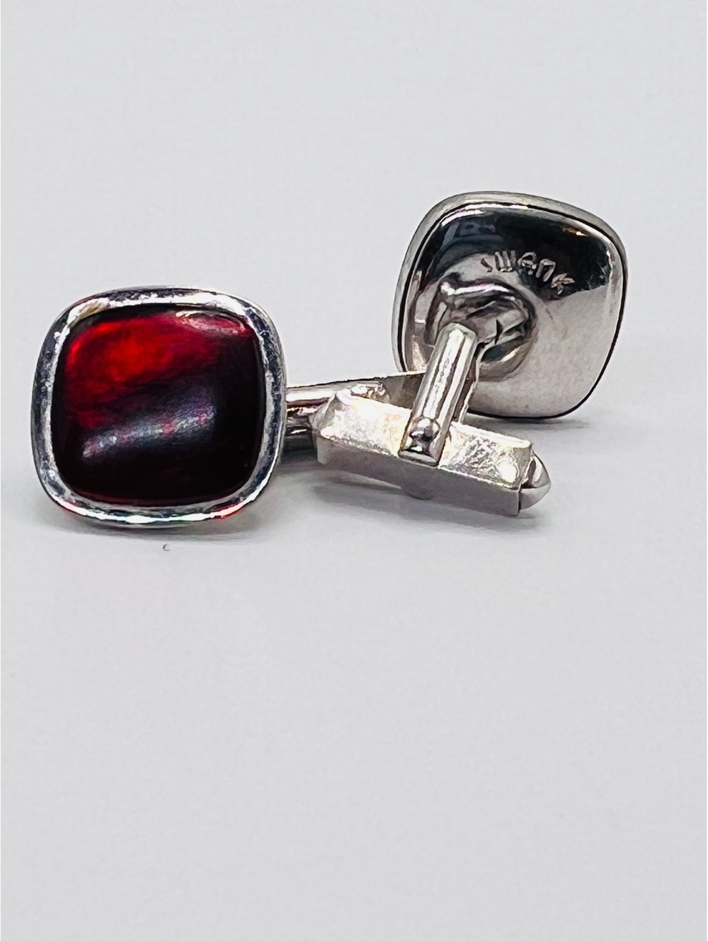 Vintage SWANK Silver Tone Ruby Red Glass Cabochon Cufflinks MCM Signed